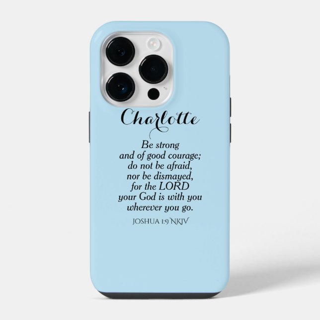 Light Blue Courage Bible Verse Custom Name Simple iPhone Case (Back)