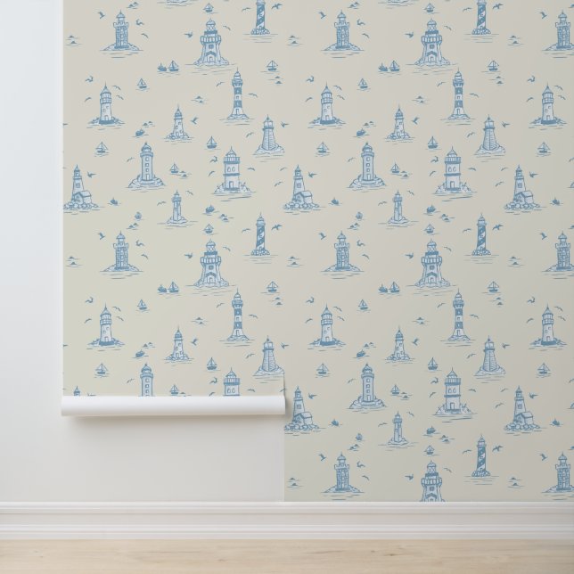 Light Blue & Cream Lighthouse Coastal Toile Wallpaper (Application)