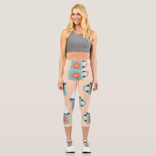 Light Blue Cup Seamless Pattern. Capri Leggings (Front)