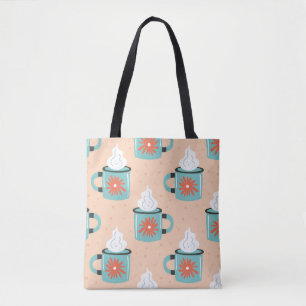 Light blue cup with steam seamless pattern, textur tote bag