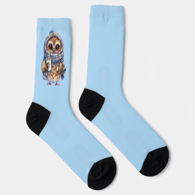 light blue Cute Owl  drinking chocolate socks (Right)