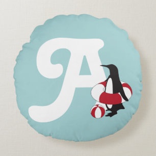 Light Blue Cute Penguin Swimming Kids Monogram Round Cushion