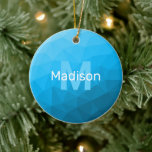 Light blue cyan geometric mesh pattern Monogram Ceramic Tree Decoration<br><div class="desc">Light blue cyan ombre geometric mesh pattern Monogram Ceramic Christmas tree Ornament. Monogram Personalise with your custom initial and name. Triangle geometric mesh with light dark blue ombre gradient modern design.</div>