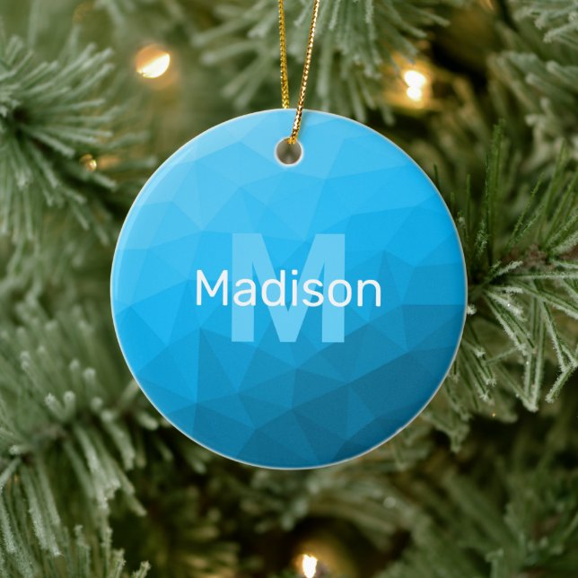 Light blue cyan geometric mesh pattern Monogram Ceramic Tree Decoration (Tree)