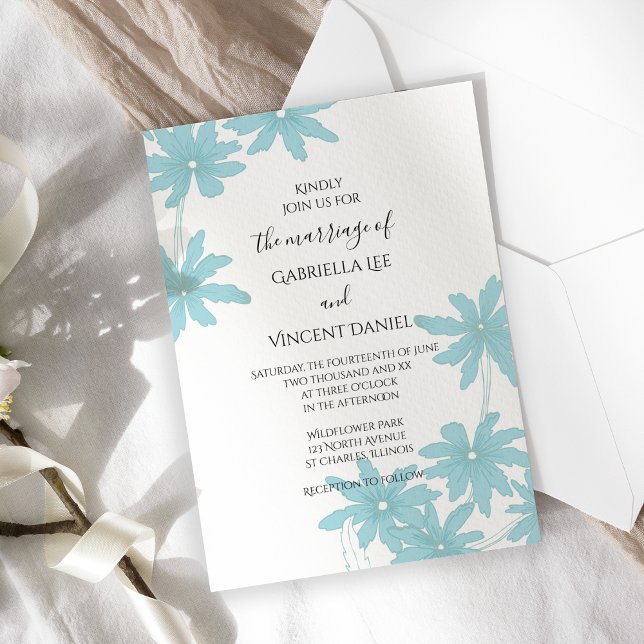 Light Blue Daisies on White Wedding Invitation (Creator Uploaded)