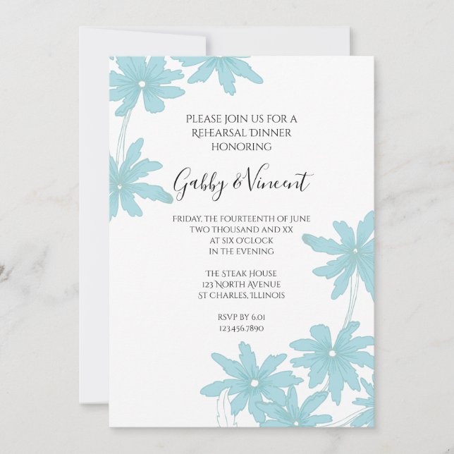 Light Blue Daisies Wedding Rehearsal Dinner Invitation (Front)