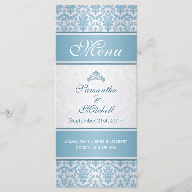Light blue damask on silver Menu (Front)
