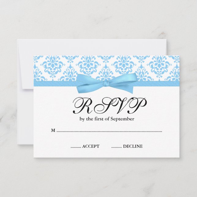 Light Blue Damask Ribbon Bow RSVP Card (Front)