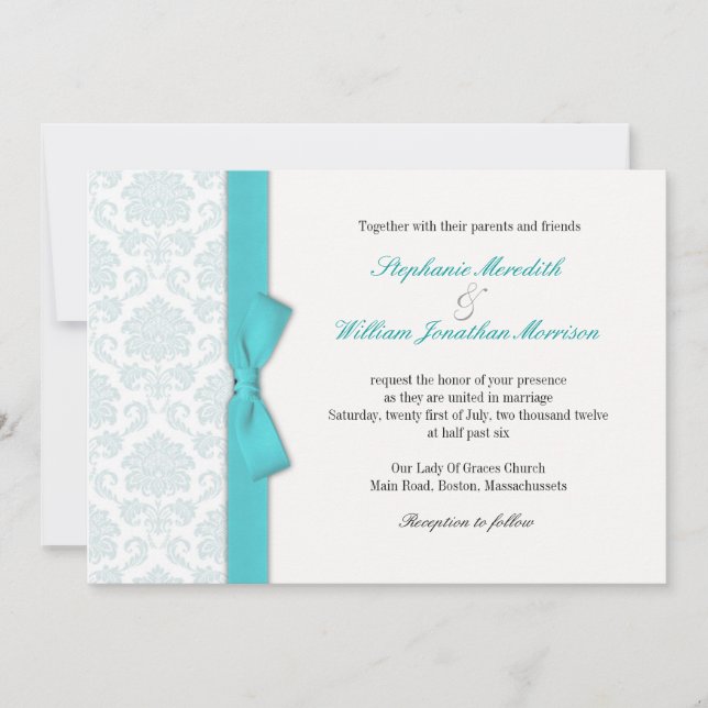 Light Blue Damask Turquoise Bow Wedding Invitation (Front)