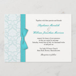 Light Blue Damask Turquoise Bow Wedding Invitation