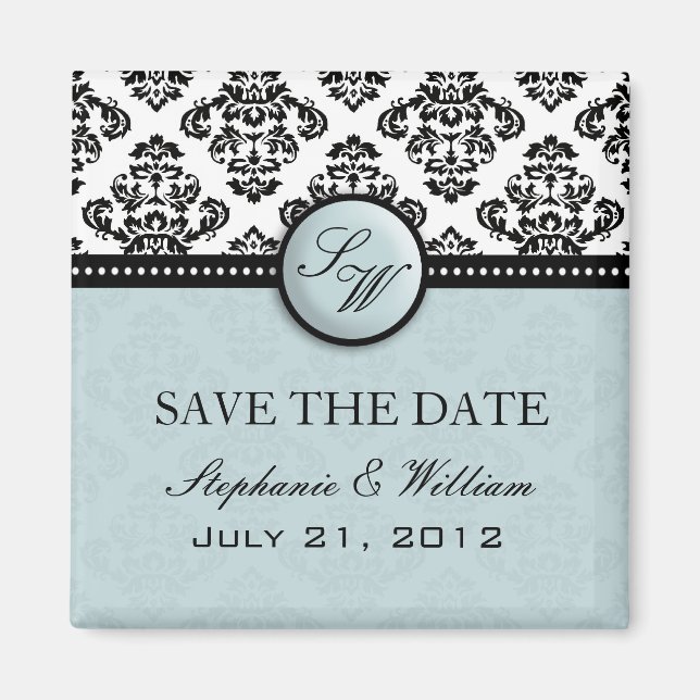 Light Blue Damask Wedding Save The Date Magnet (Front)