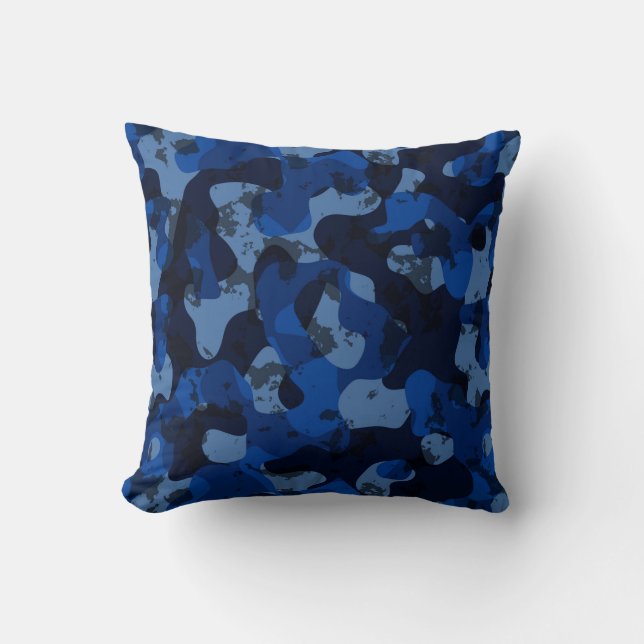 light blue, dark blue, dusty blue camo abstract cushion (Front)