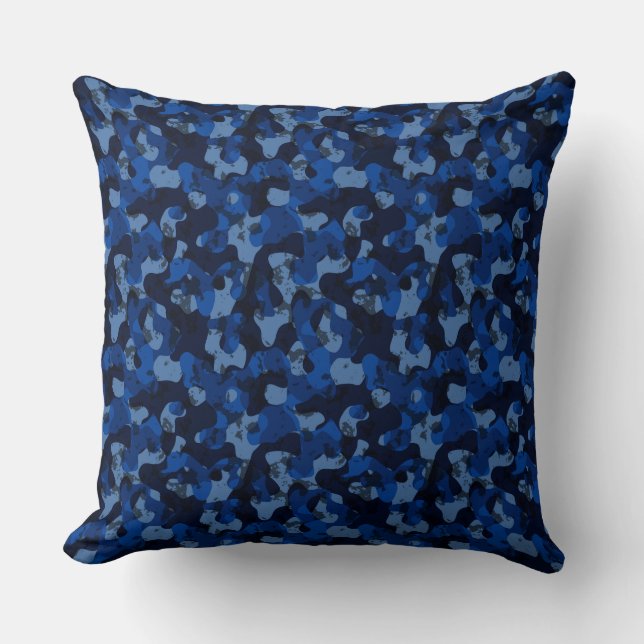 light blue, dark blue, dusty blue camo abstract cushion (Front)