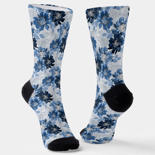 Light blue, dark blue flowers on light gray socks (Angled)
