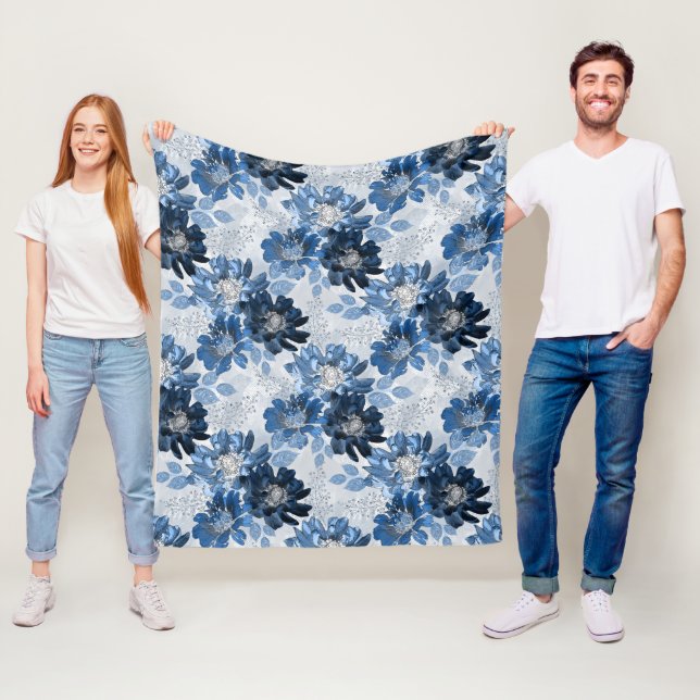 Light blue, dark blue flowers on light grey fleece blanket (In Situ)