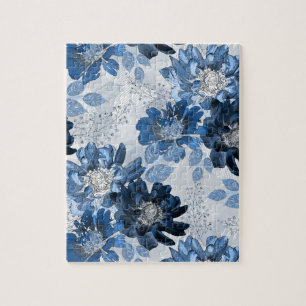 Light blue, dark blue flowers on light grey jigsaw puzzle