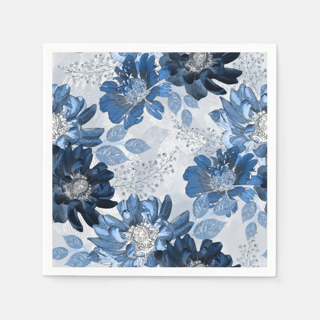 Light blue, dark blue flowers on light grey napkin (Front)