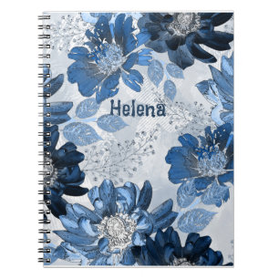Light blue, dark blue flowers on light grey notebook
