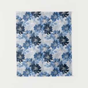 Light blue, dark blue flowers on light grey tapestry