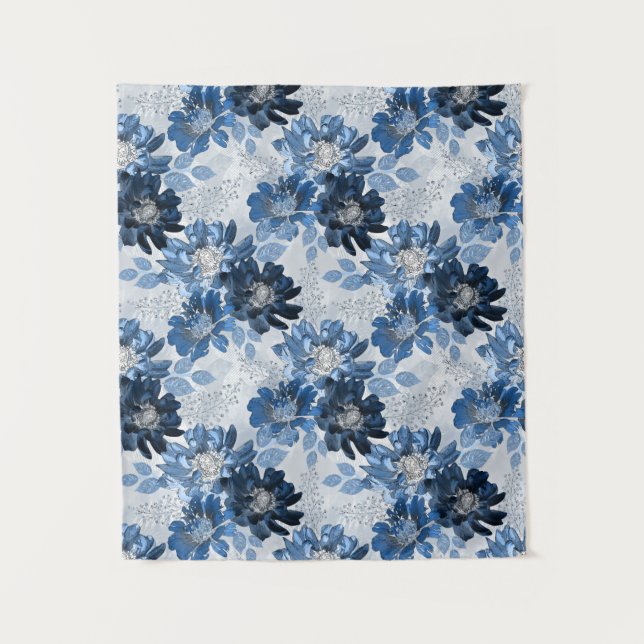 Light blue, dark blue flowers on light grey tapestry (Front)