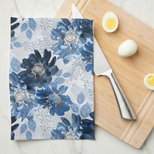 Light blue, dark blue flowers on light grey tea towel
