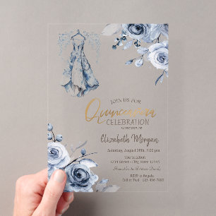 Light Blue Dress Blue Roses Quinceañera   Acrylic Invitations