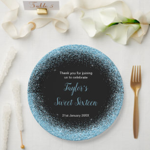 Light Blue Dress Faux Glitter Sweet 16 Birthday Paper Plate