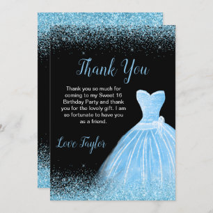 Light Blue Dress Faux Glitter Sweet 16 Birthday Thank You Card