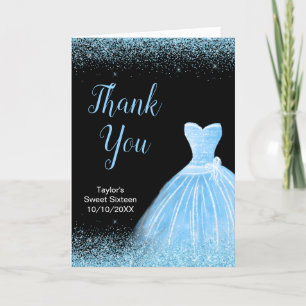Light Blue Dress Faux Glitter Sweet 16 Birthday Thank You Card