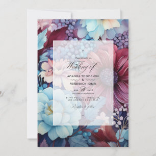Light Blue, Dusty Blue and Burgundy Floral Wedding Invitation