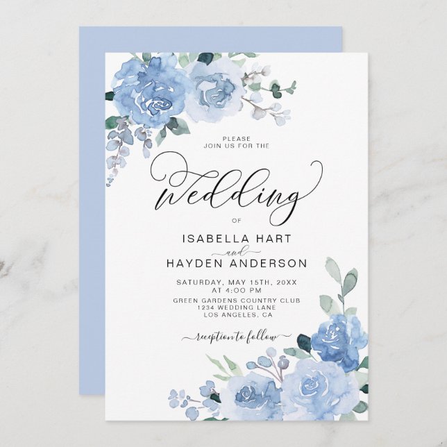 Light Blue Dusty Floral Botanical Elegant Wedding  Invitation (Front/Back)