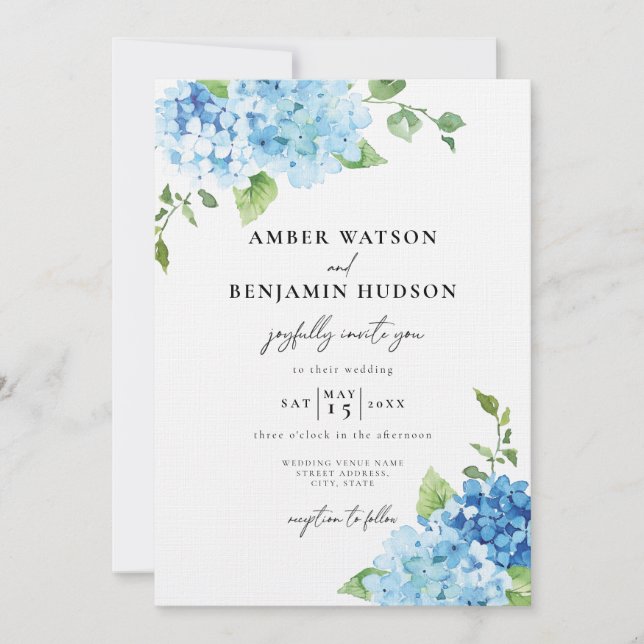 Light Blue Dusty Navy Hydrangea Floral Wedding Invitation (Front)