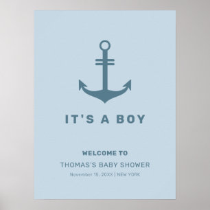 Light Blue Elegant Anchor Baby Shower Welcome Poster