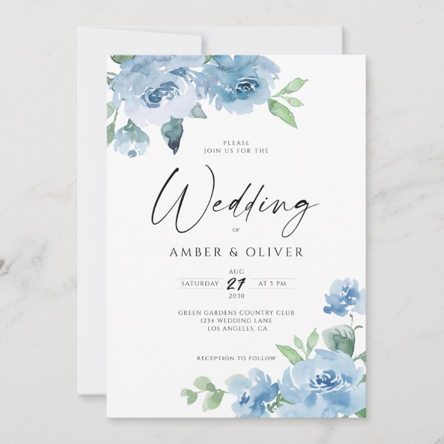 Light Blue Elegant Floral Baby Blue Boho Wedding Invitation (Front)