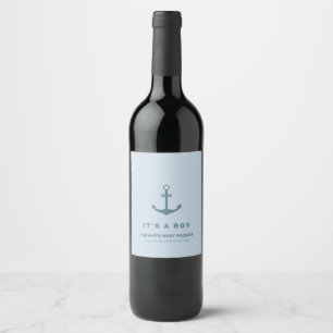 Light Blue Elegant Nautical Anchor Baby Shower  Wine Label
