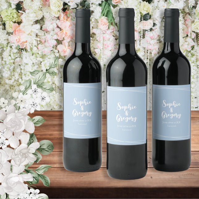 Light Blue Elegant Wedding Drinks Bottle Custom Wine Label (Light blue wine bottle labels to customize with names, date and location of your special day)