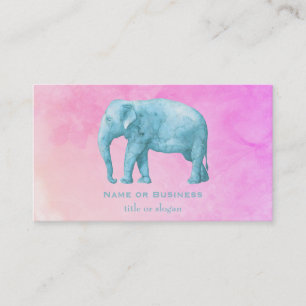 Light Blue Elephant on Dreamy Pink Watercolors Business Card