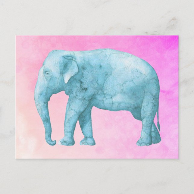 Light Blue Elephant on Dreamy Pink Watercolors Postcard (Front)