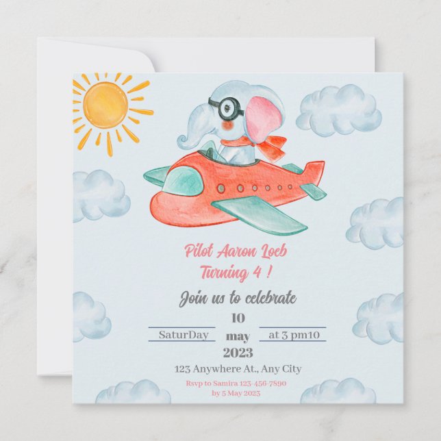 Light Blue Elephant Pilot Birthday Invitation (Front)