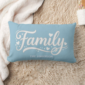 Light Blue Family Heart Script Monogram Lumbar Cushion