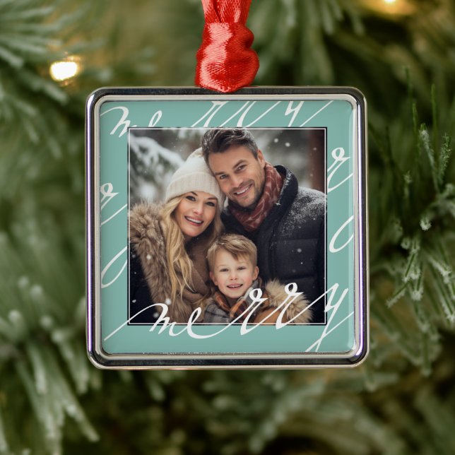 Light Blue Fancy Script "Merry" Christmas Photo Metal Tree Decoration (Tree)