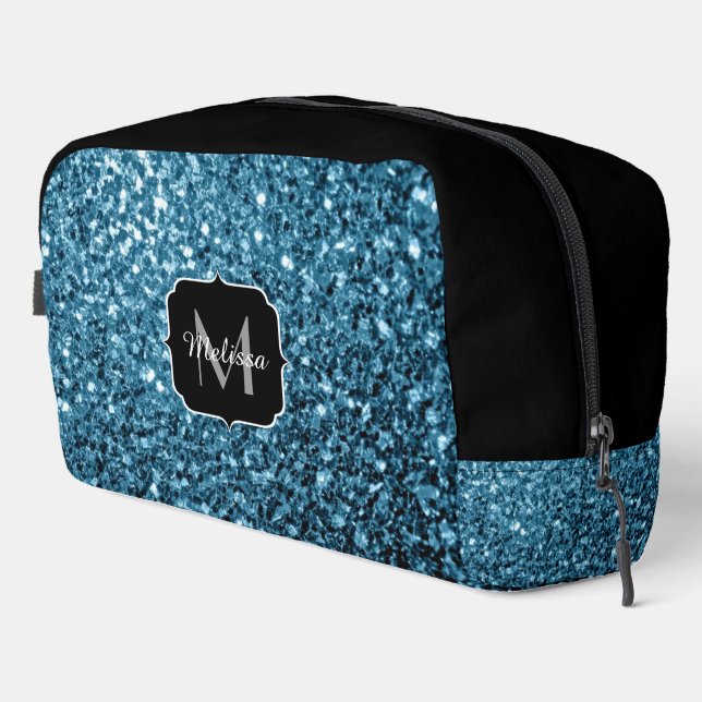 Light blue faux glitter sparkles black Monogram Dopp Kit (Right Corner)