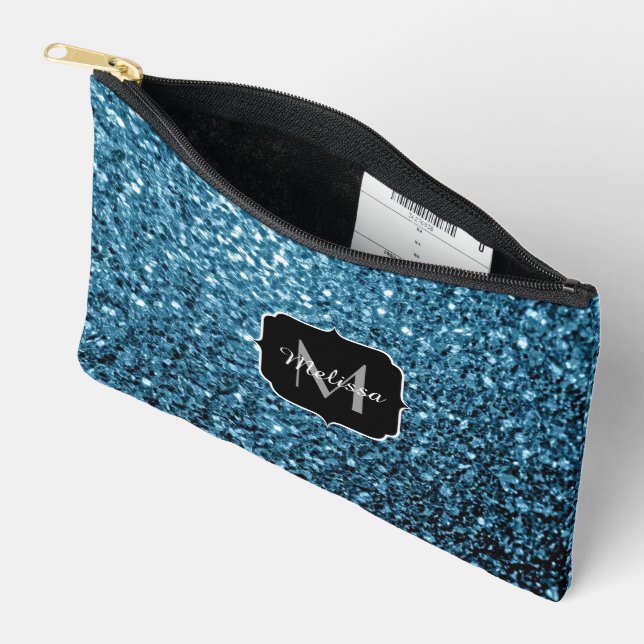 Light blue faux glitter sparkles Monogram Accessory Pouch (Open)