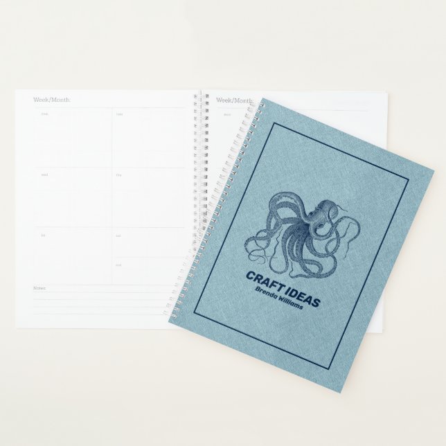 Light blue faux linen & blue octopus planner (Display)