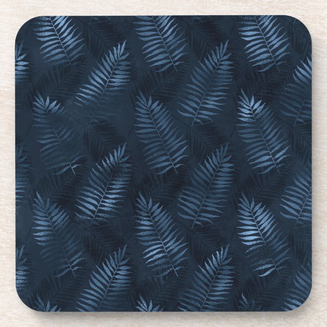 Light Blue Ferns Against Dark Blue Background Coaster (Front)
