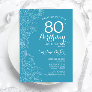 Light Blue Floral 80th Birthday Party Invitation