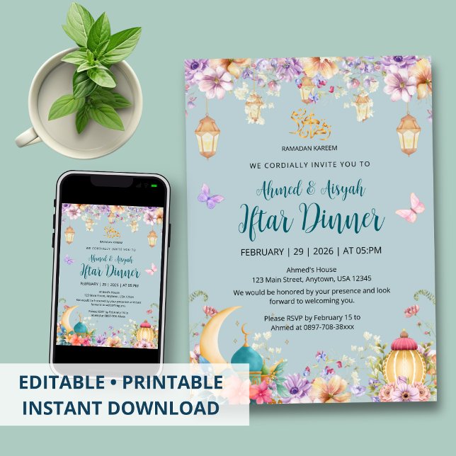 Light Blue Floral and Butterfly Ramadan Iftar Invitation (Creator Uploaded)