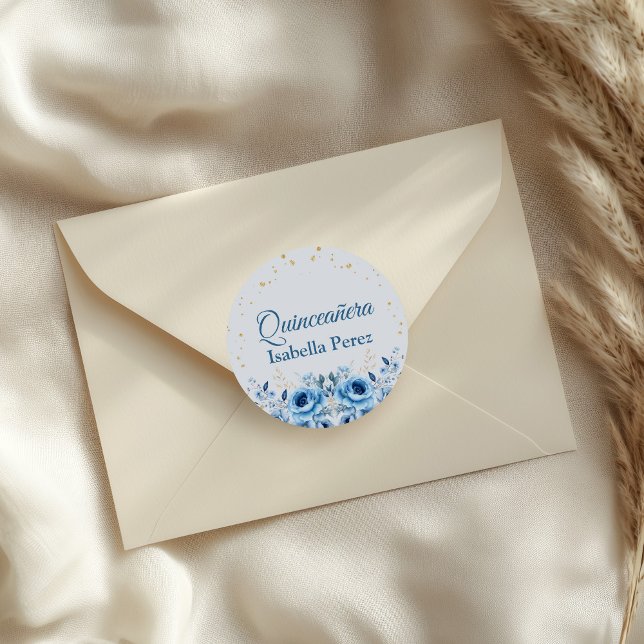 Light Blue Floral and Gold Glitter Quinceanera Classic Round Sticker (Light Blue Floral and Gold Glitter Quinceanera Classic Round Sticker on an elegant envelope.)