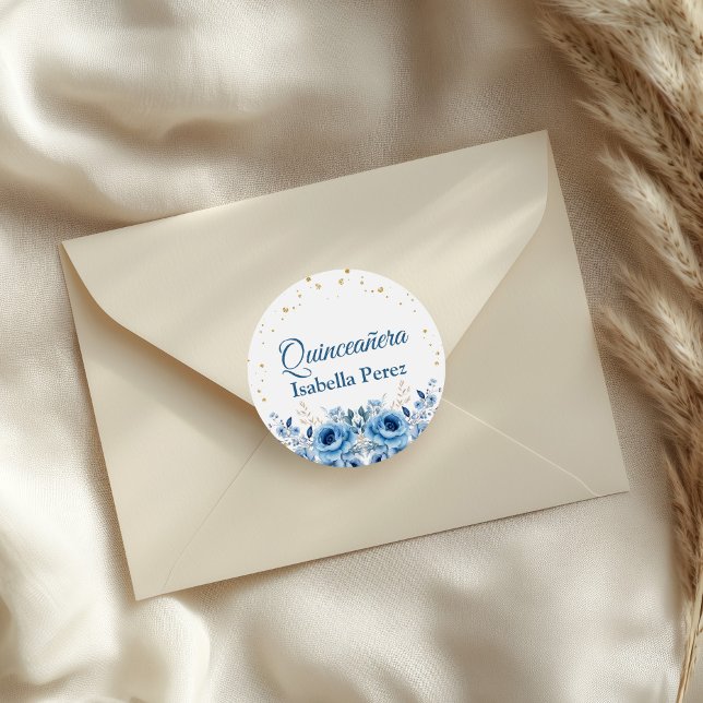 Light Blue Floral and Gold Glitter Quinceanera Classic Round Sticker (Light Blue Floral and Gold Glitter Quinceanera Classic Round Sticker on an elegant envelope.)