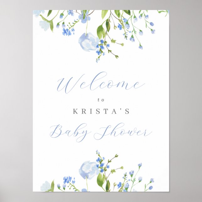 Light Blue Floral Baby Shower Welcome Poster (Front)